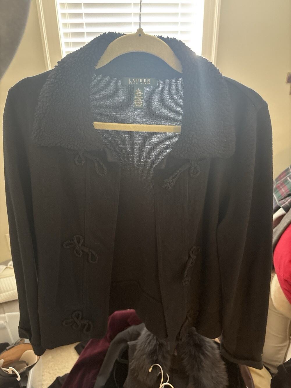 Lauren Ralph Lauren Black Toggle Duffle Jacket Coat Sherpa Collar Womens L
